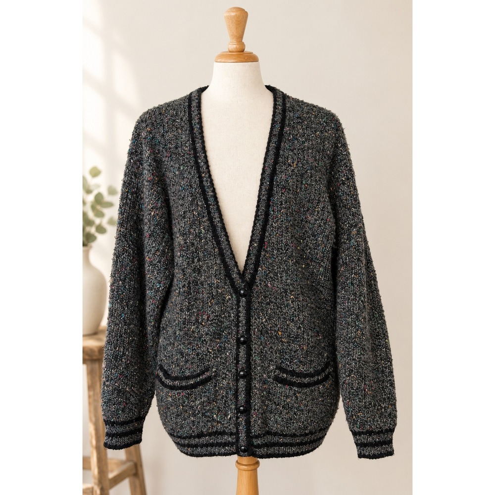 Vintage 90s Wool Blend Confetti Grandpa Cardigan Oversized Gray XL XXL
